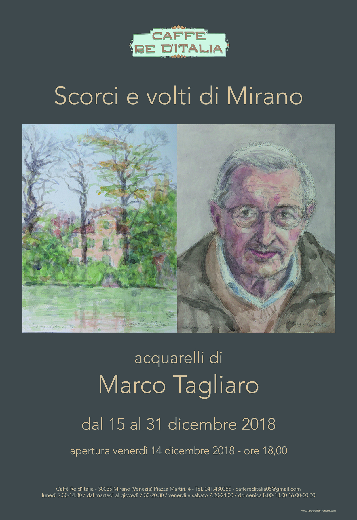 Sights and faces of Mirano Watercolours by Marco Tagliaro Caffe Re d'Italia